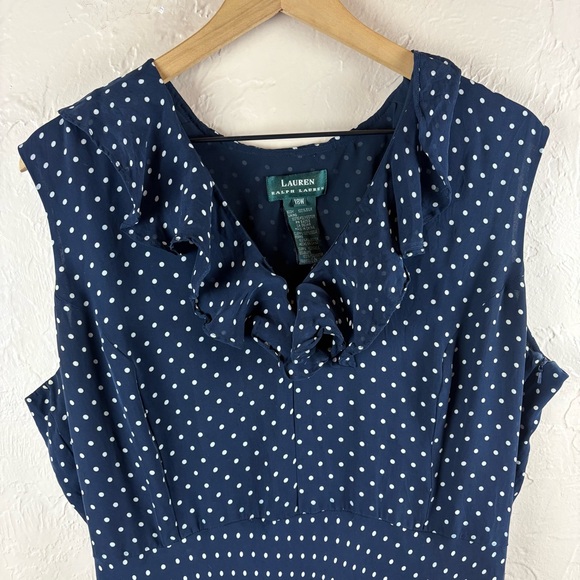 Ralph Lauren Silk Navy Polka Dot Women's Dress Ruffle Long Sleeveless Size 18 - Picture 4 of 8